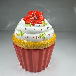 RARE David’s Cookies 7” Cupcake Cookie Jar Poinsettia Christmas Ceramic